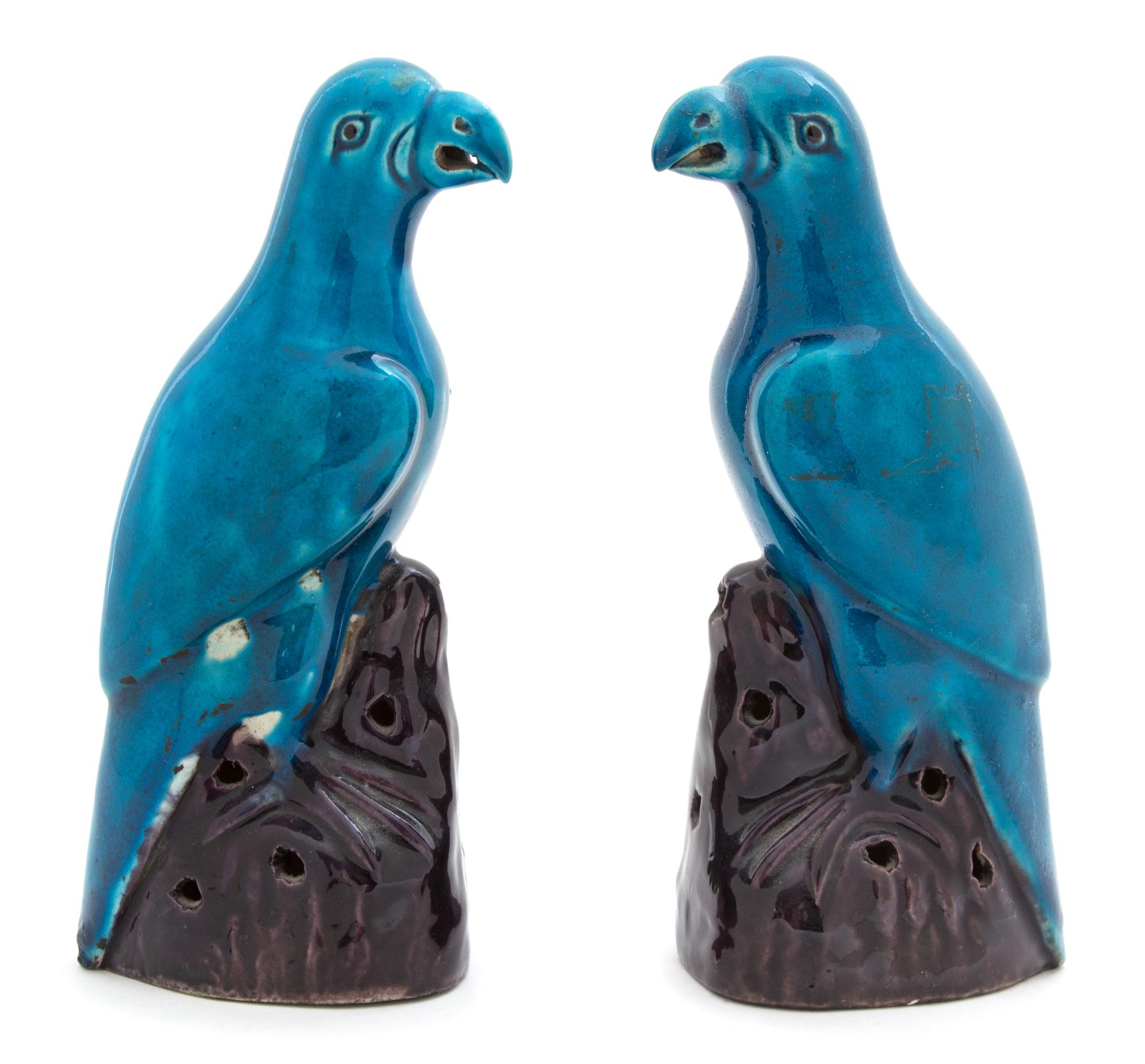 A Pair of Chinese Export Turquoise and Aubergine Glazed Porcelain Parrots — 19TH CENTURY