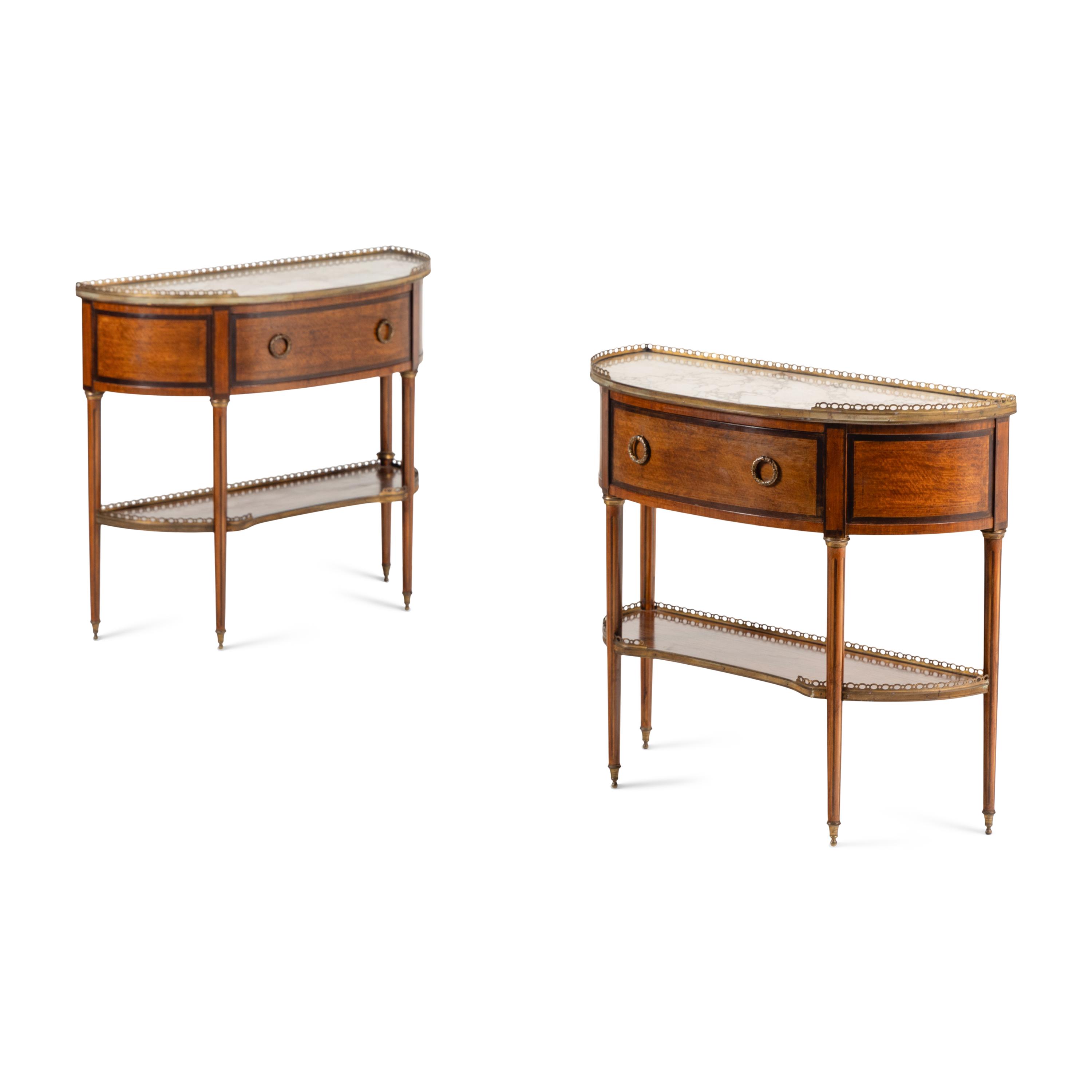 A Pair of Louis XVI Style Satinwood, Gilt Bronze Mounted and Marble-Top Console Tables