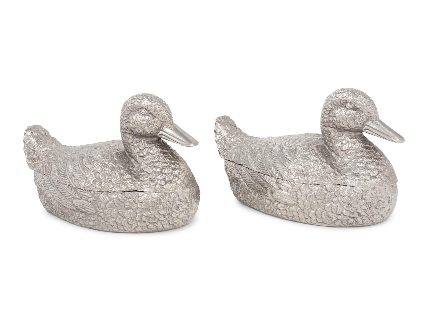 A Pair of Silvered Metal Duck-Form Boxes