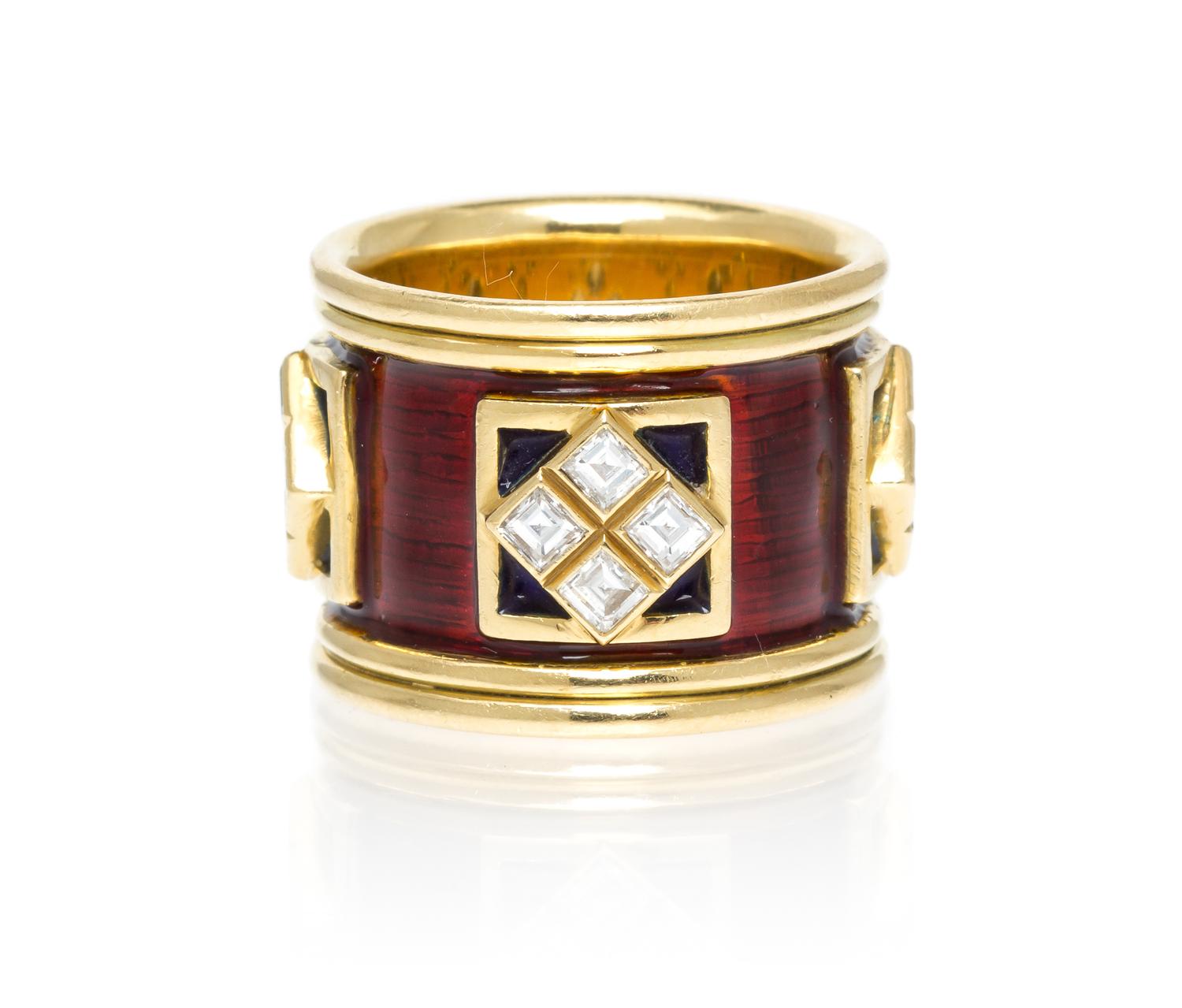 A Yellow Gold, Diamond and Enamel Ring, Elizabeth Gage, 11.10 dwts.