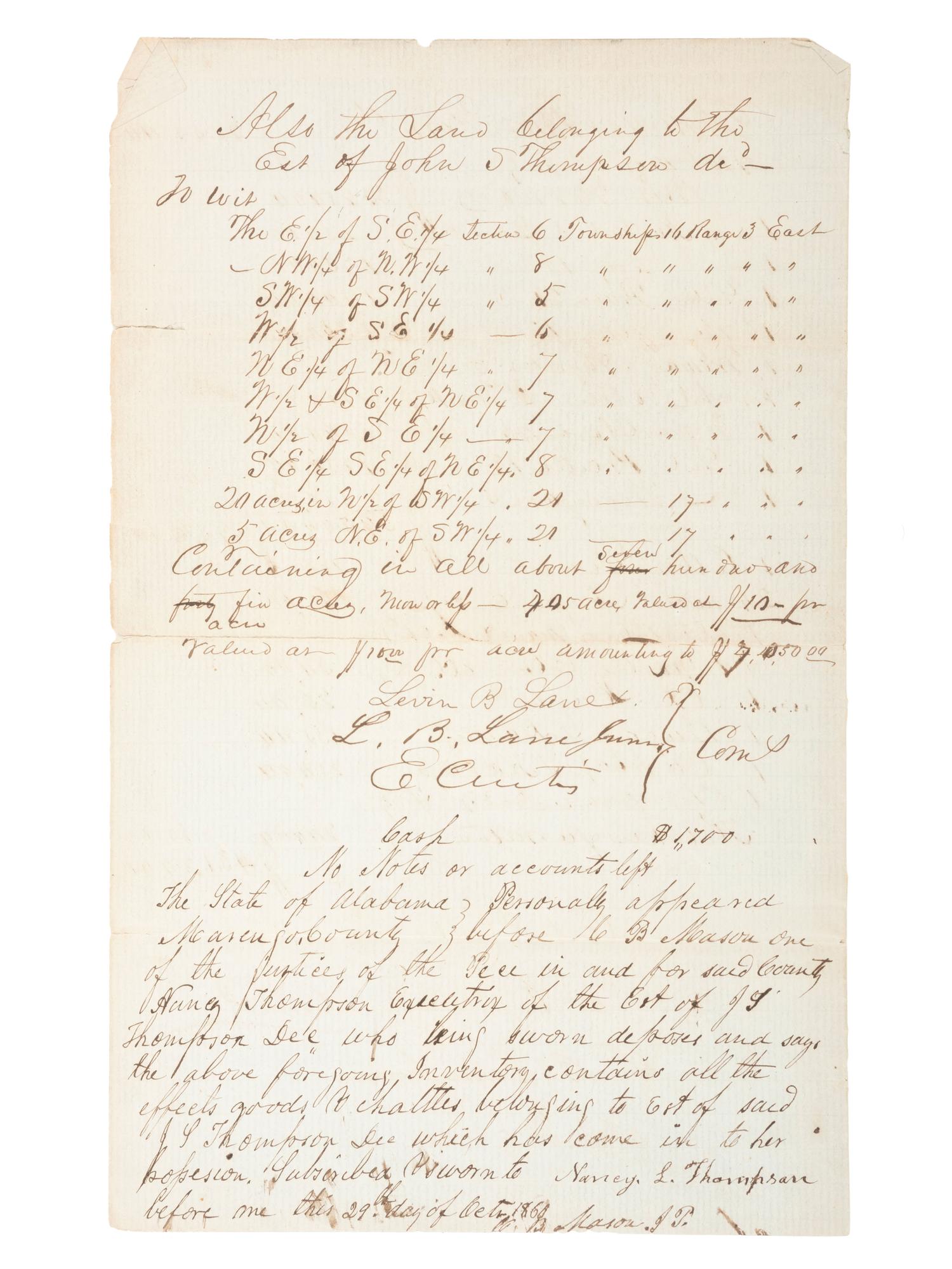 America in Manuscript [SLAVERY & ABOLITION]. Manuscript appraisement of land, household goods, and "Negro Property" identifying 37 enslaved persons. Marengo County, Alabama. 11 September 1841.