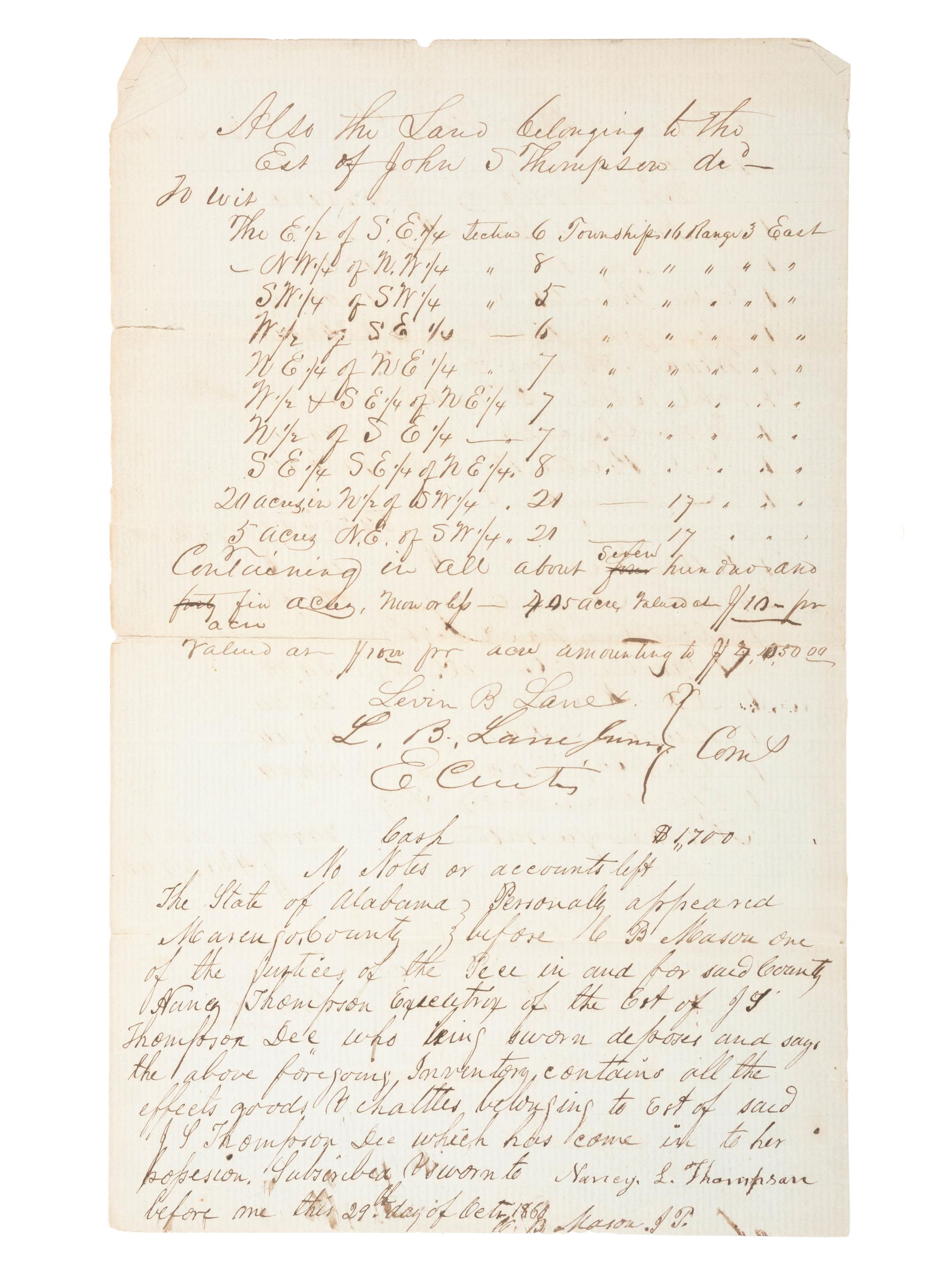 America in Manuscript [SLAVERY & ABOLITION]. Manuscript appraisement of land, household goods, and "Negro Property" identifying 37 enslaved persons. Marengo County, Alabama. 11 September 1841.