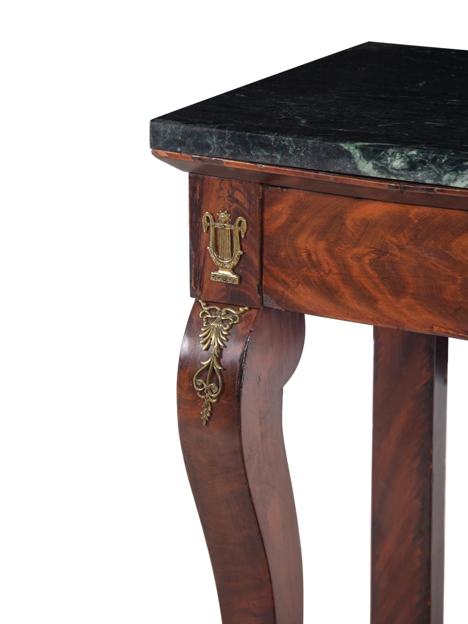 An Empire Style Gilt Metal Mounted Mahogany Marble-Top Console Table