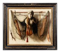 Trompe l'oeil Still Life of Arrows, a Bow, Quivers, a Leather Pouch, Netting, a Marble Bust and Other Objects Affixed to a Wall