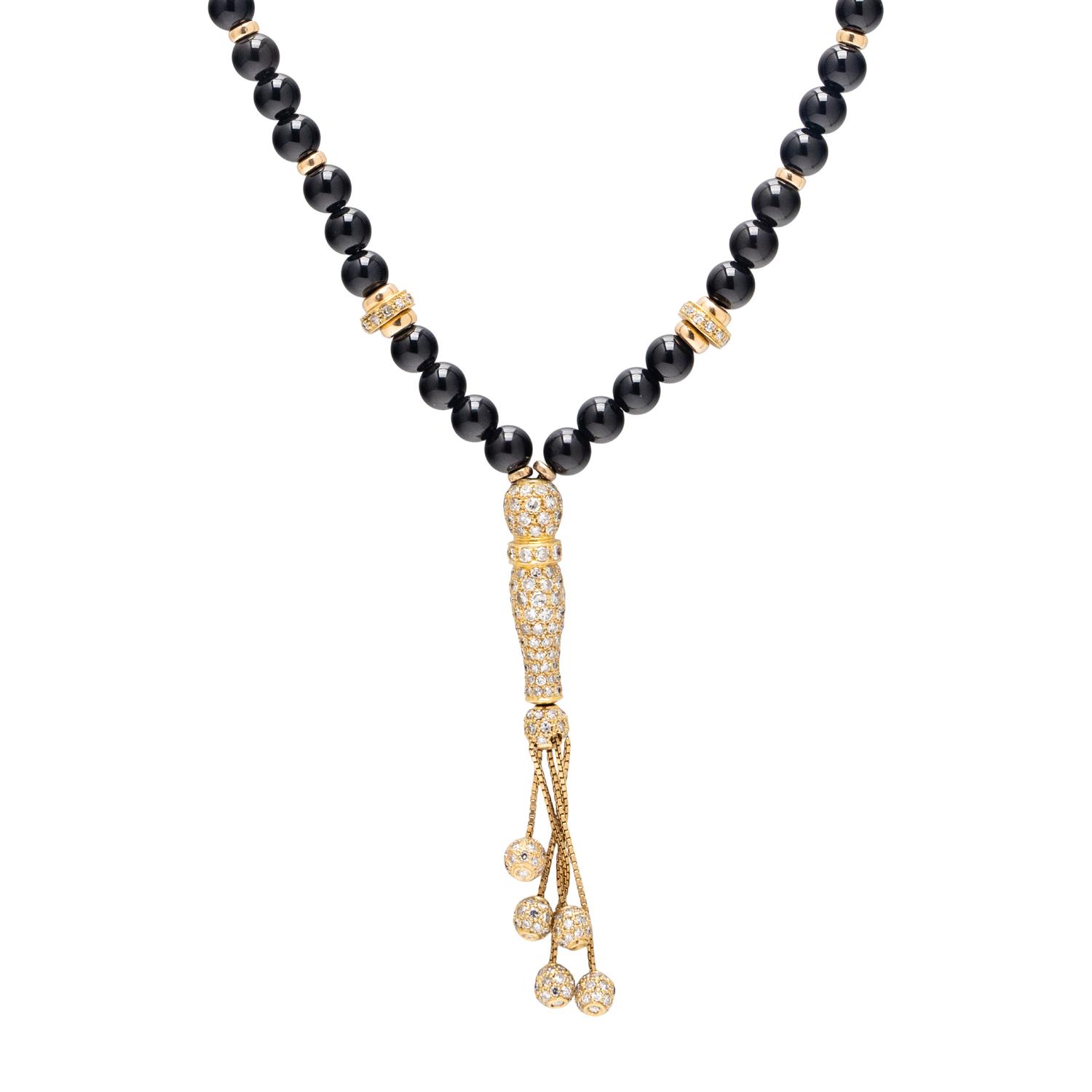 ONYX, DIAMOND, AND YELLOW GOLD BEAD NECKLACE
