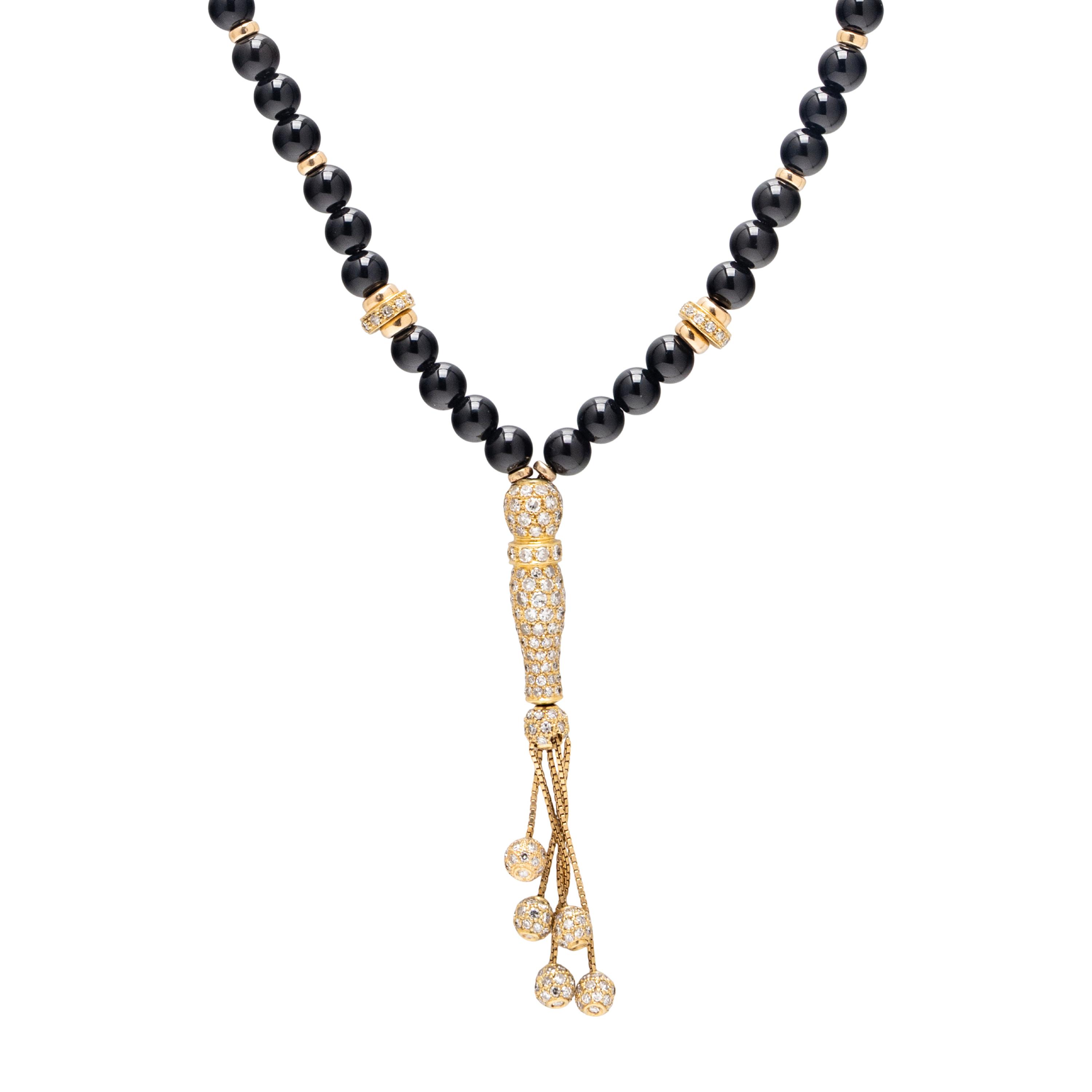 ONYX, DIAMOND, AND YELLOW GOLD BEAD NECKLACE