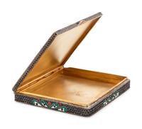 A Russian Enameled Silver and Lapis Lazuli Inset Cigarette Case