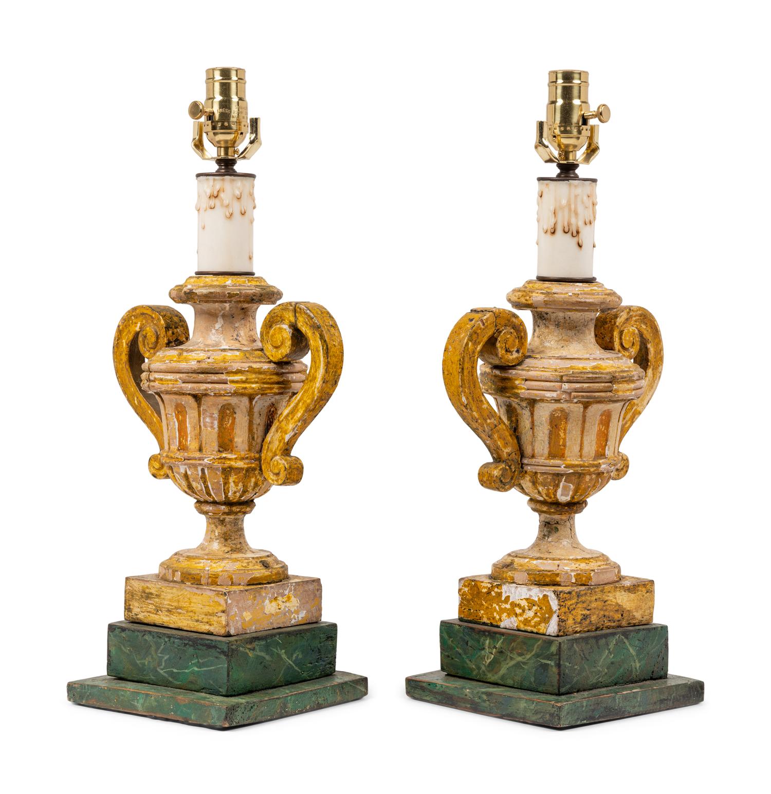 A Pair of Italian Painted Urn-Form Finials Mounted as Lamps