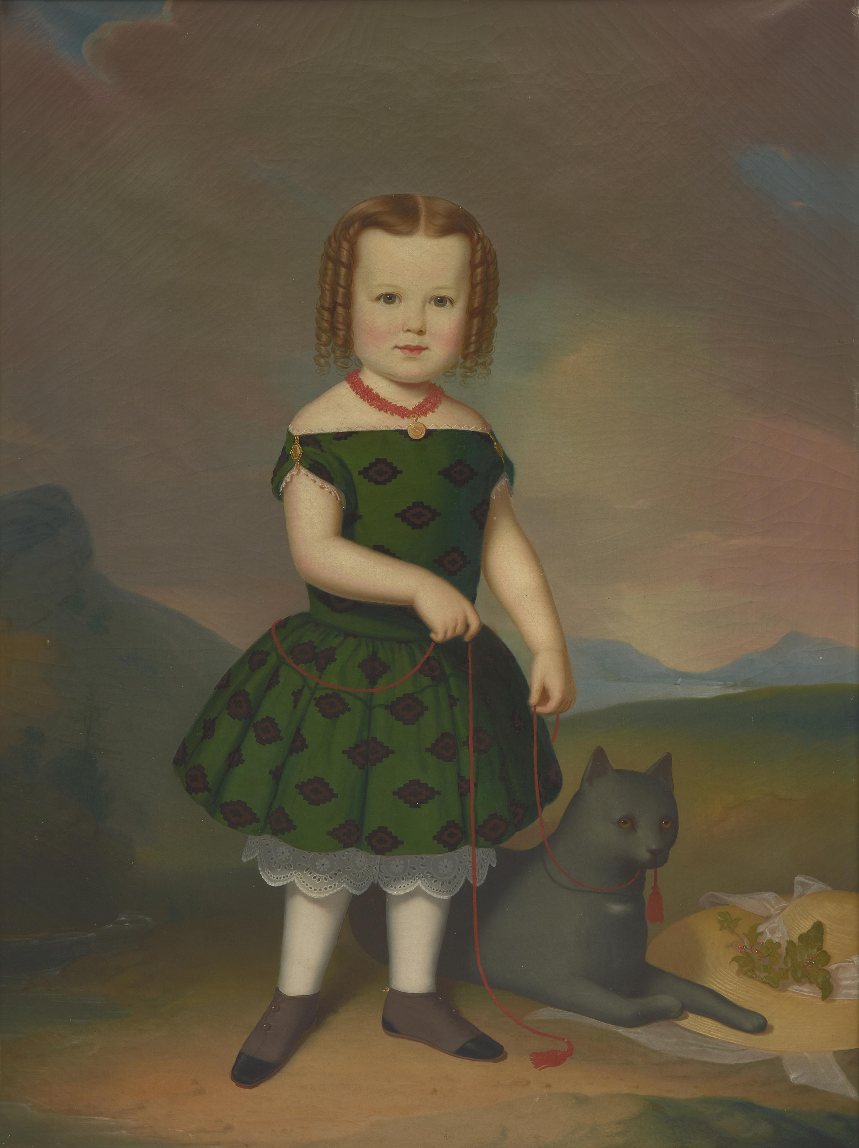Manner of Samuel F. DuBois (Pennsylvania, 1808-1889) — Portrait of Ms. Isabelle Williams Rufe (Tinicum, Bucks County, Pennsylvania, 1839-1930) and her cat, Circa 1840