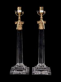A Pair of Gilt Metal Mounted Cut Glass Columnar Lamps with Shades