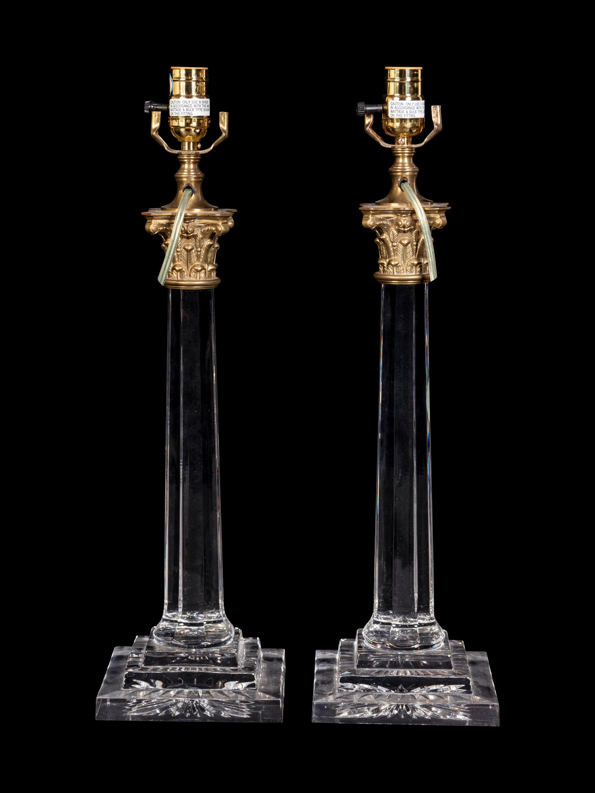 A Pair of Gilt Metal Mounted Cut Glass Columnar Lamps with Shades