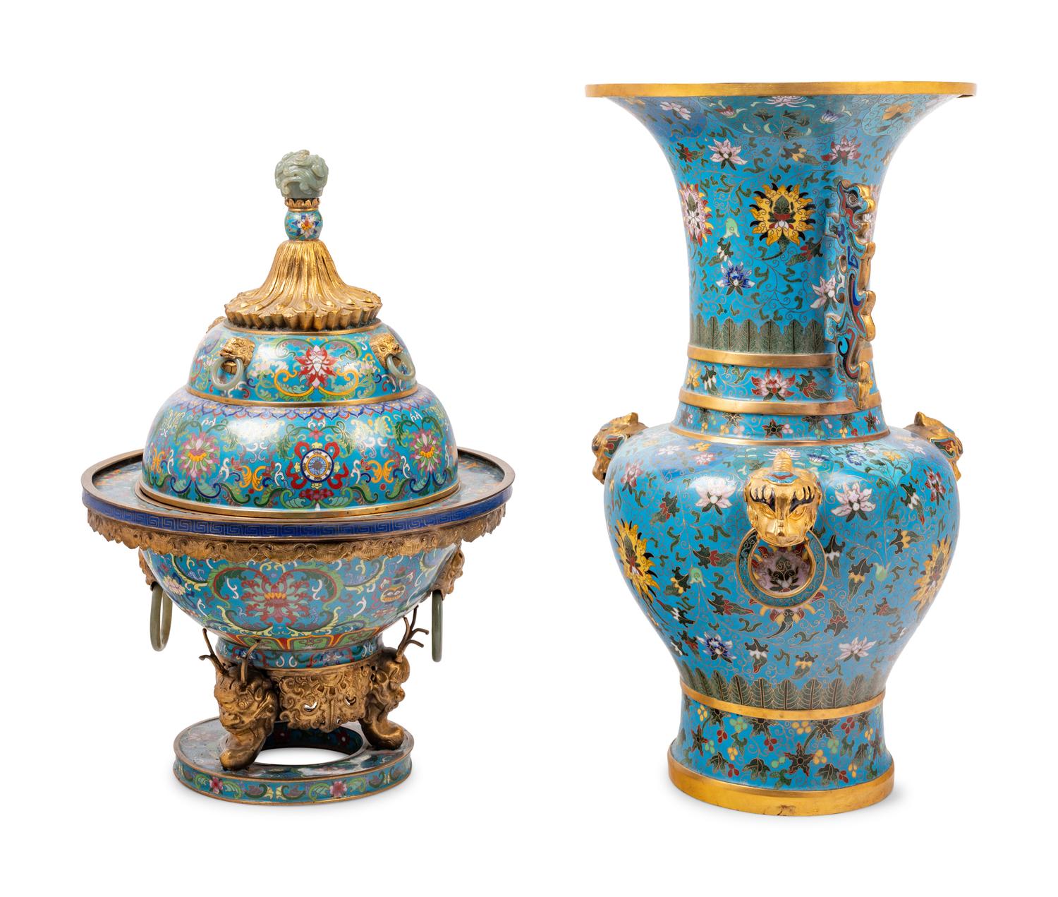 Two Large Chinese Blue Ground Cloisonné Enameled Vessels
