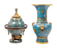 Two Large Chinese Blue Ground Cloisonné Enameled Vessels