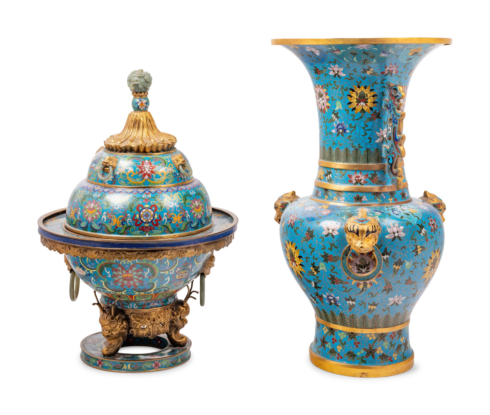 Two Large Chinese Blue Ground Cloisonné Enameled Vessels