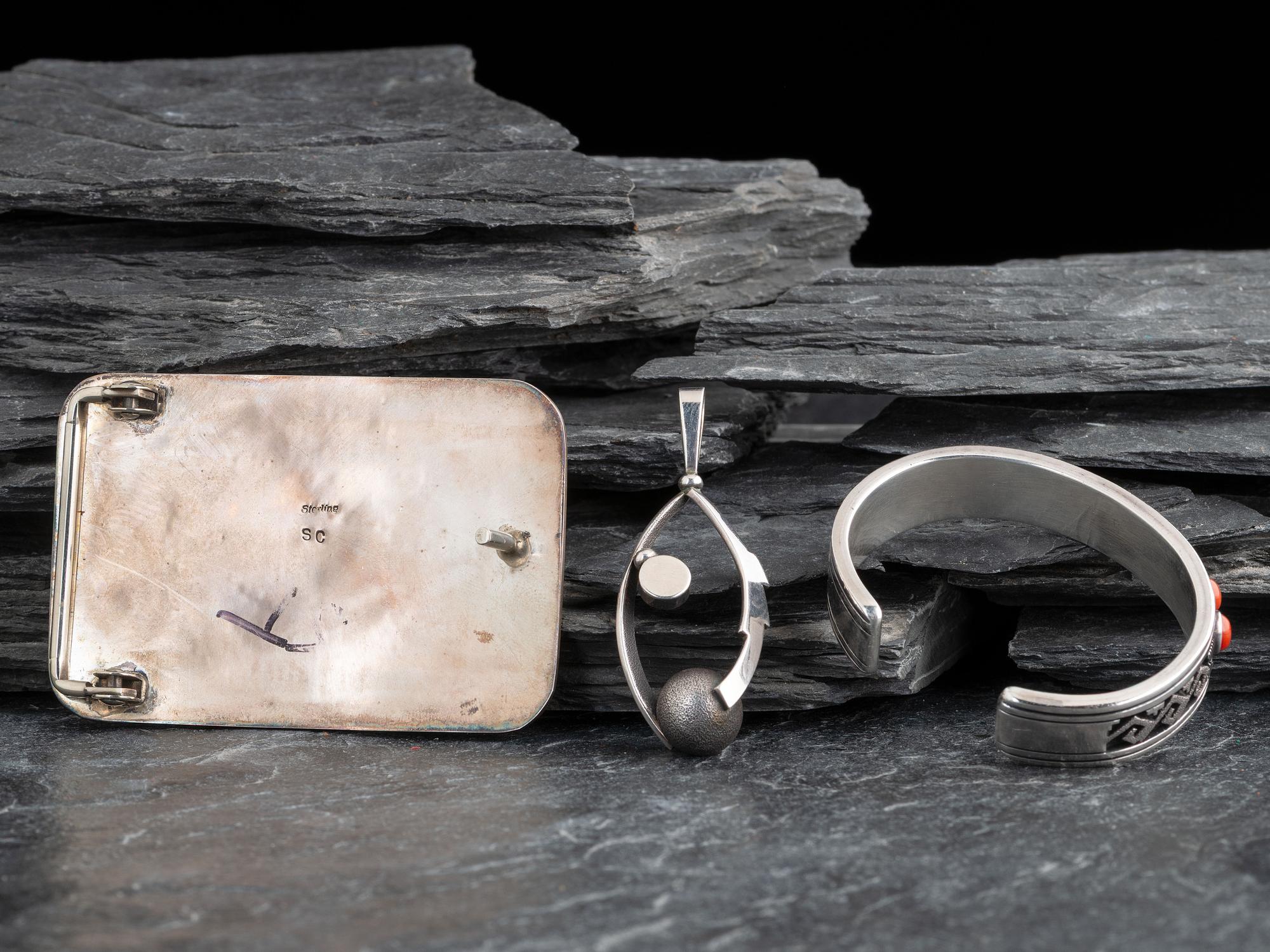 Navajo Silver and Coral Cuff Bracelet and Pendant, PLUS