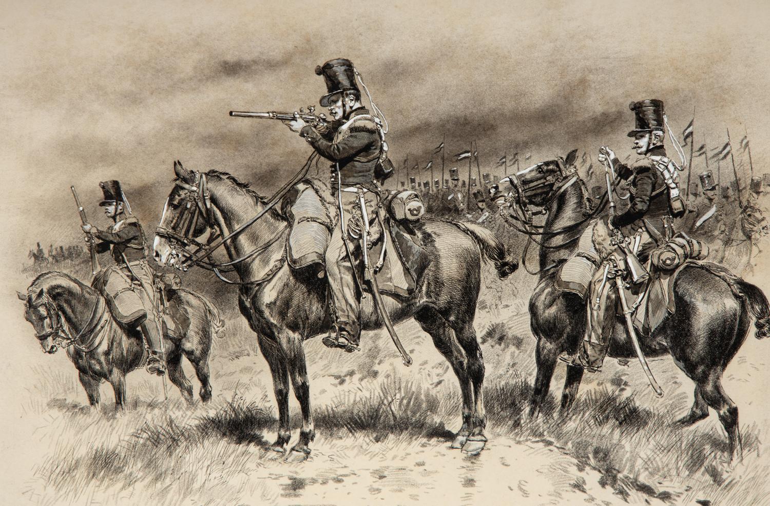 Edouard Jean Baptiste Detaille (French, 1848-1912) — Three Chasseurs with a Column of Lancers Passing Behind , 1886