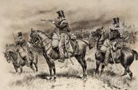 Edouard Jean Baptiste Detaille (French, 1848-1912) — Three Chasseurs with a Column of Lancers Passing Behind , 1886