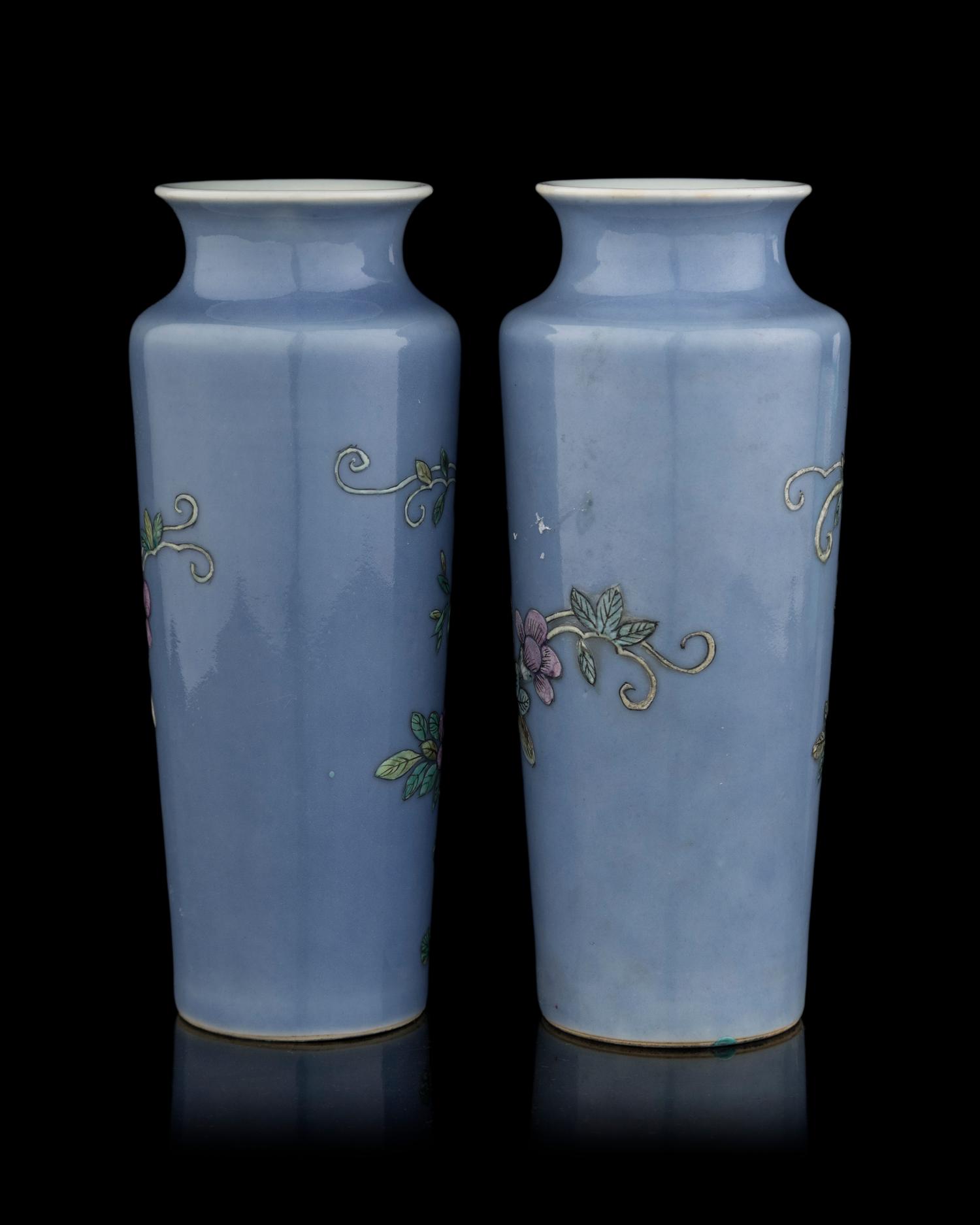 A Pair of Chinese Light Lavender Ground Famille Rose Porcelain Sleeve Vases