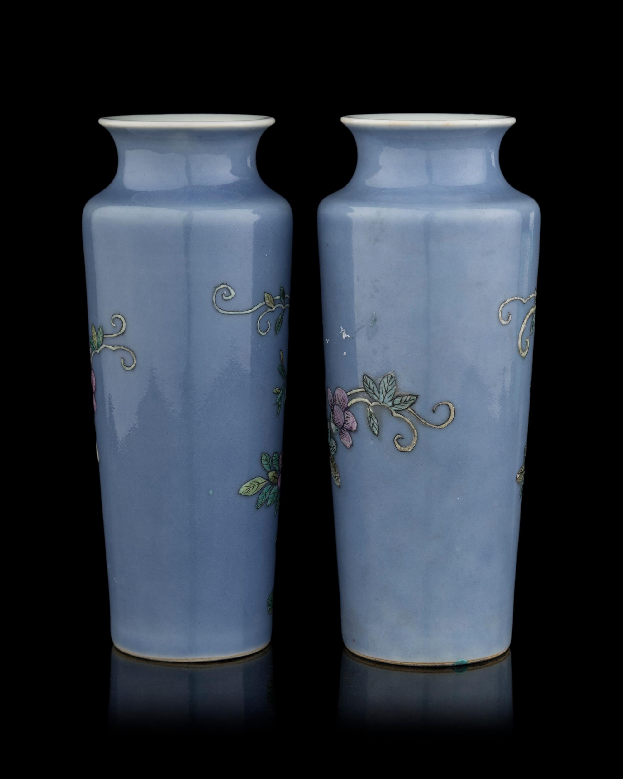 A Pair of Chinese Light Lavender Ground Famille Rose Porcelain Sleeve Vases