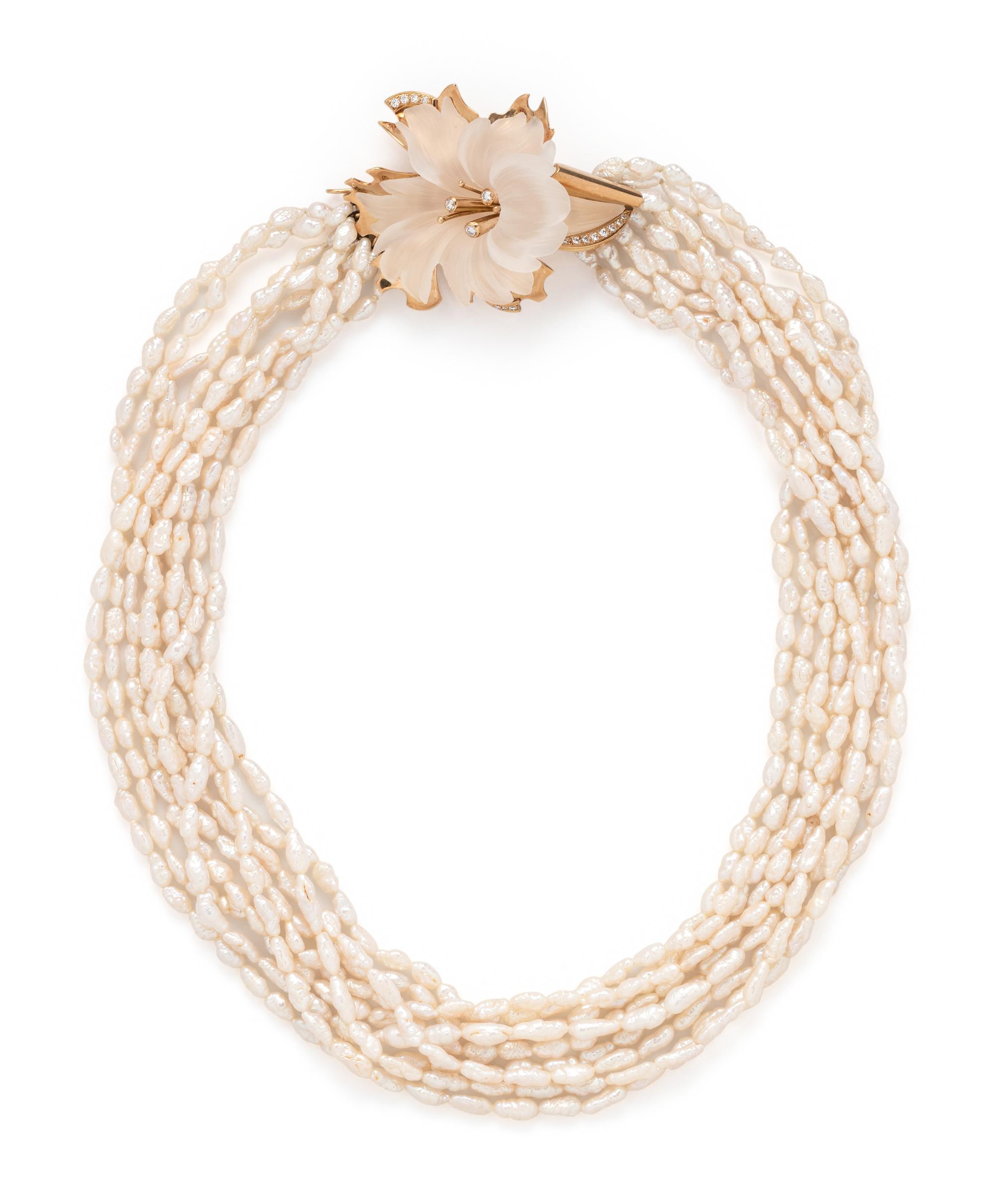 ROBERT CLERC, CULTURED BIWA PEARL, DIAMOND AND CARVED ROCK CRYSTAL FLOWER NECKLACE