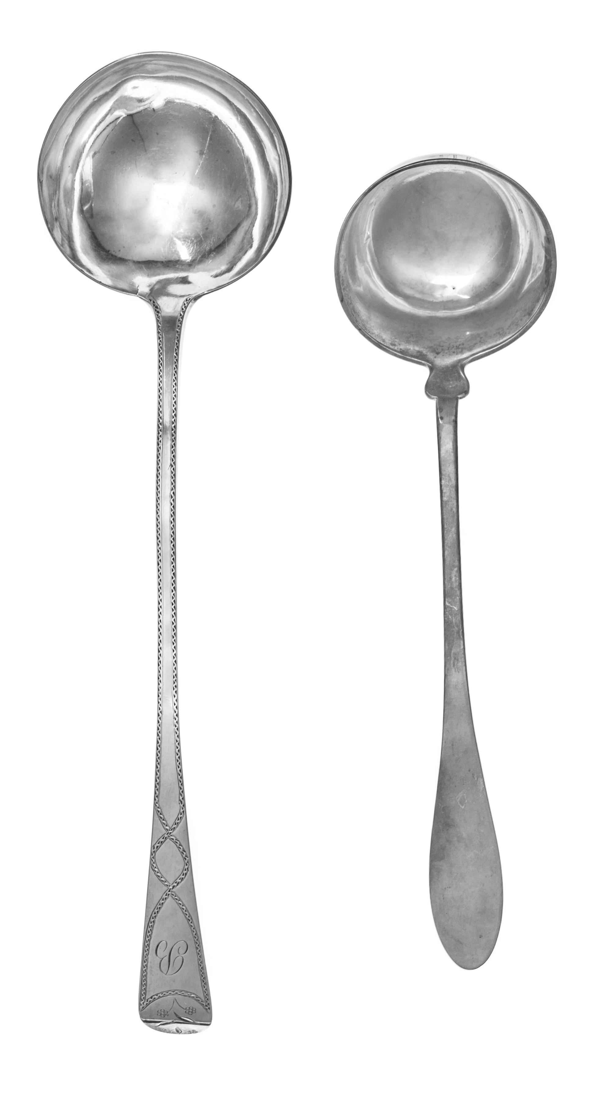 A Scottish George III Silver Serving Ladle, William Davie, Edinburgh, 1780, the Old English handle having a bright-cut wrigglework bord