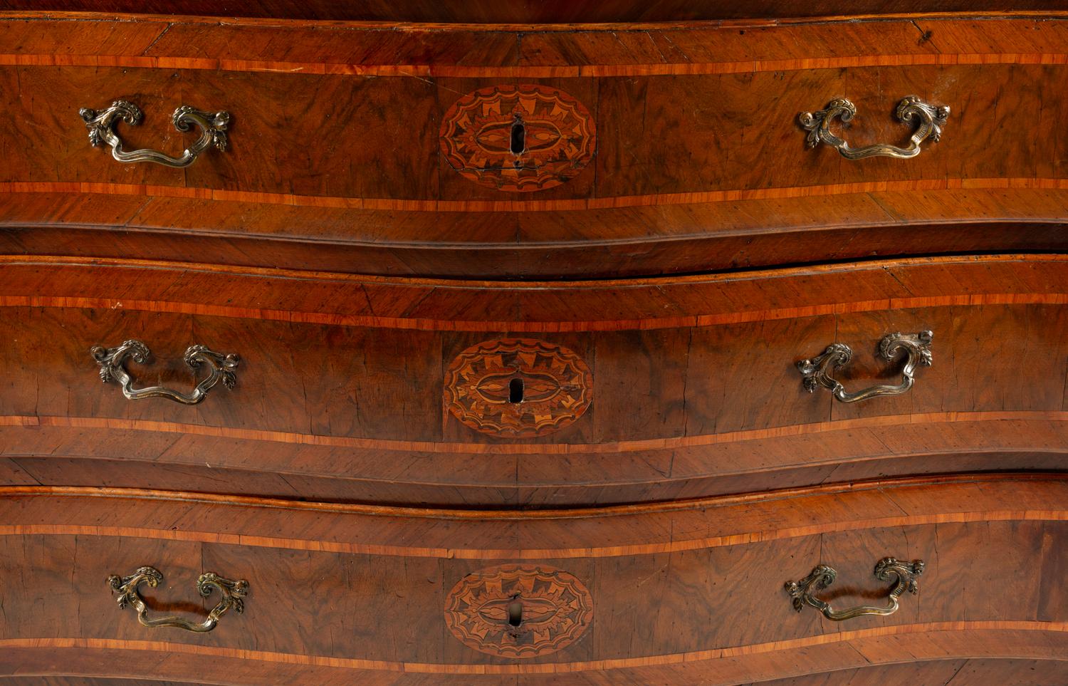 An Italian Walnut and Marquetry Marble-Top Commode