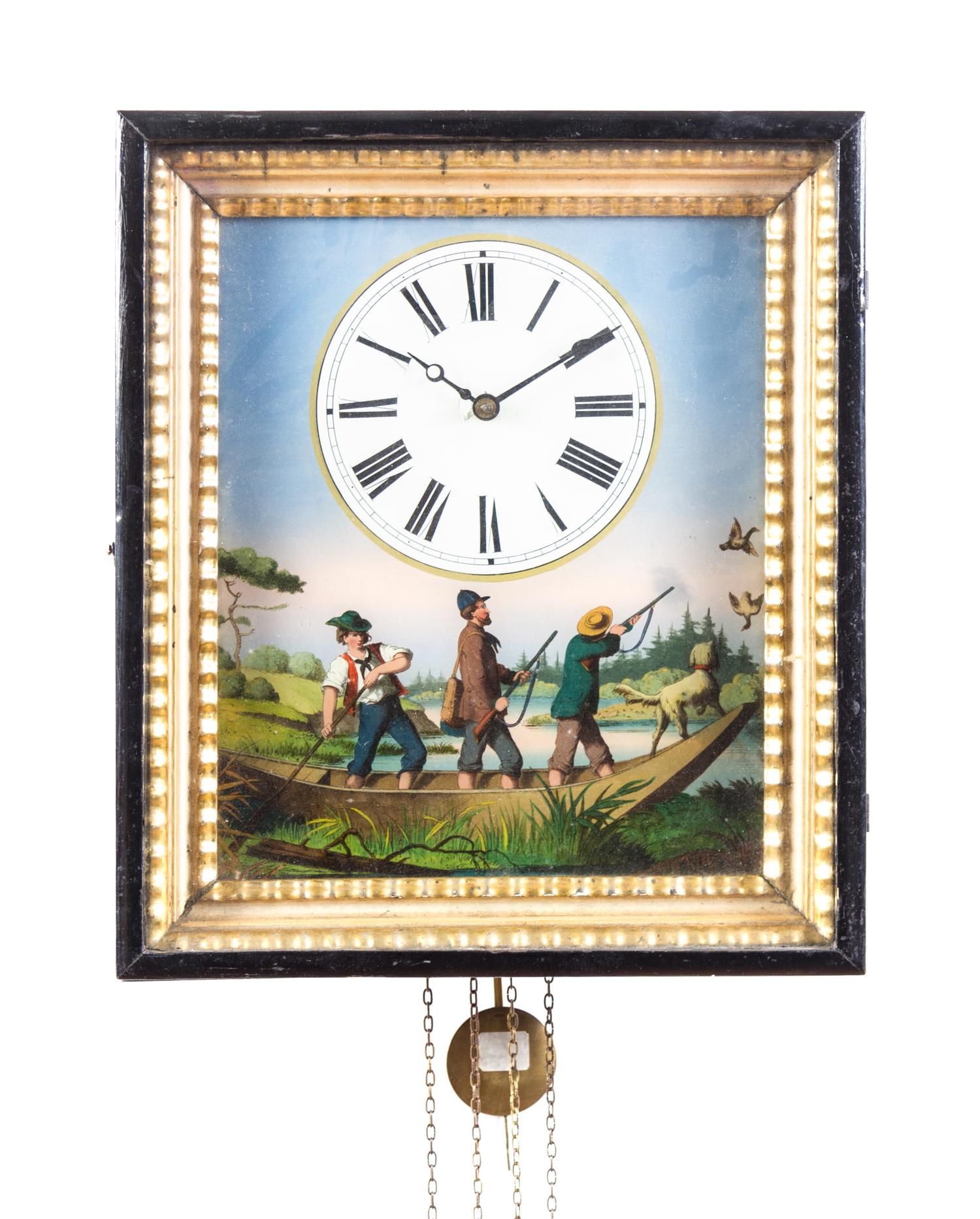 A Dutch Style Reverse Decorated Glass Wall Clock Height 14 inches.