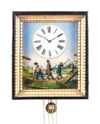 A Dutch Style Reverse Decorated Glass Wall Clock Height 14 inches.