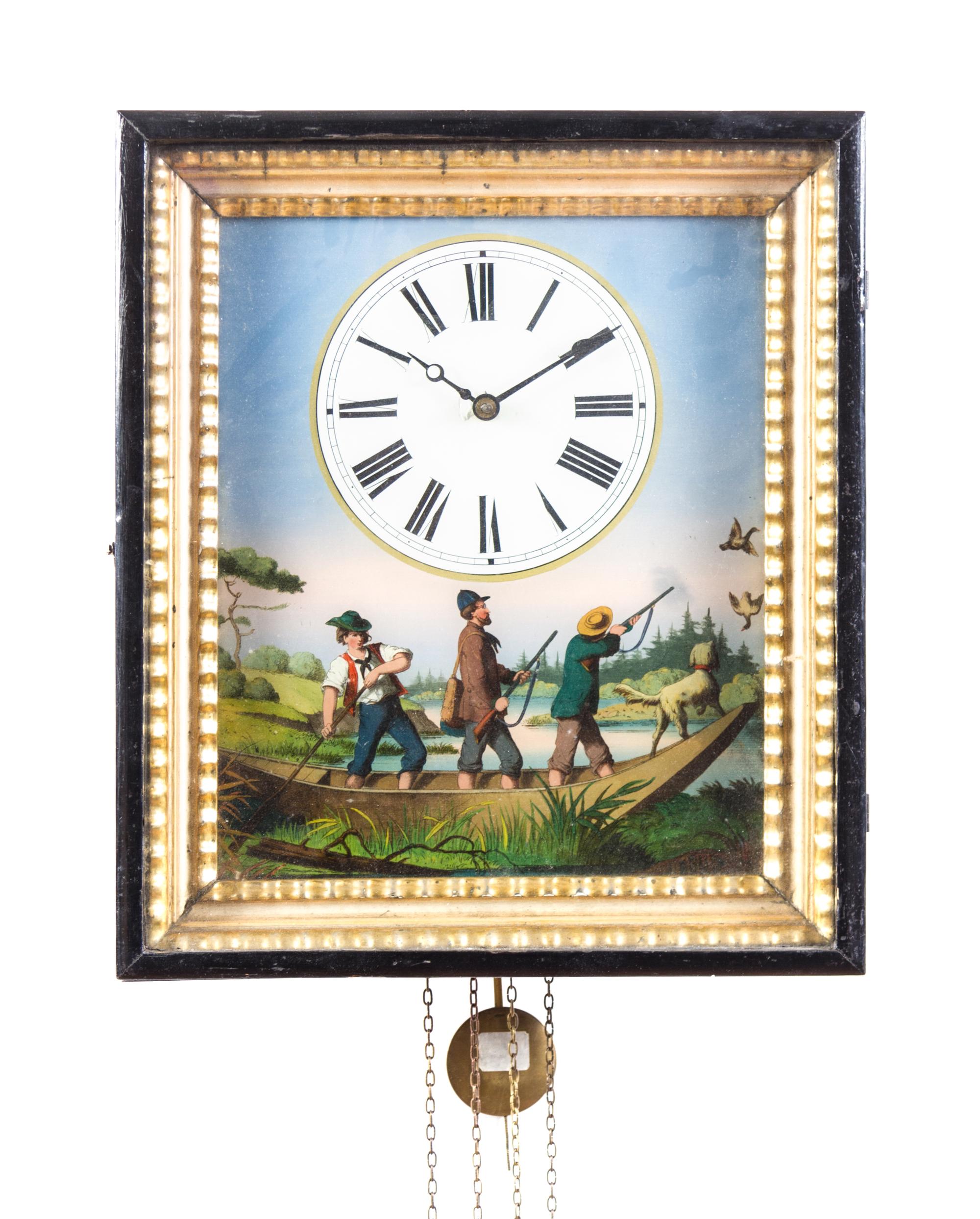 A Dutch Style Reverse Decorated Glass Wall Clock Height 14 inches.