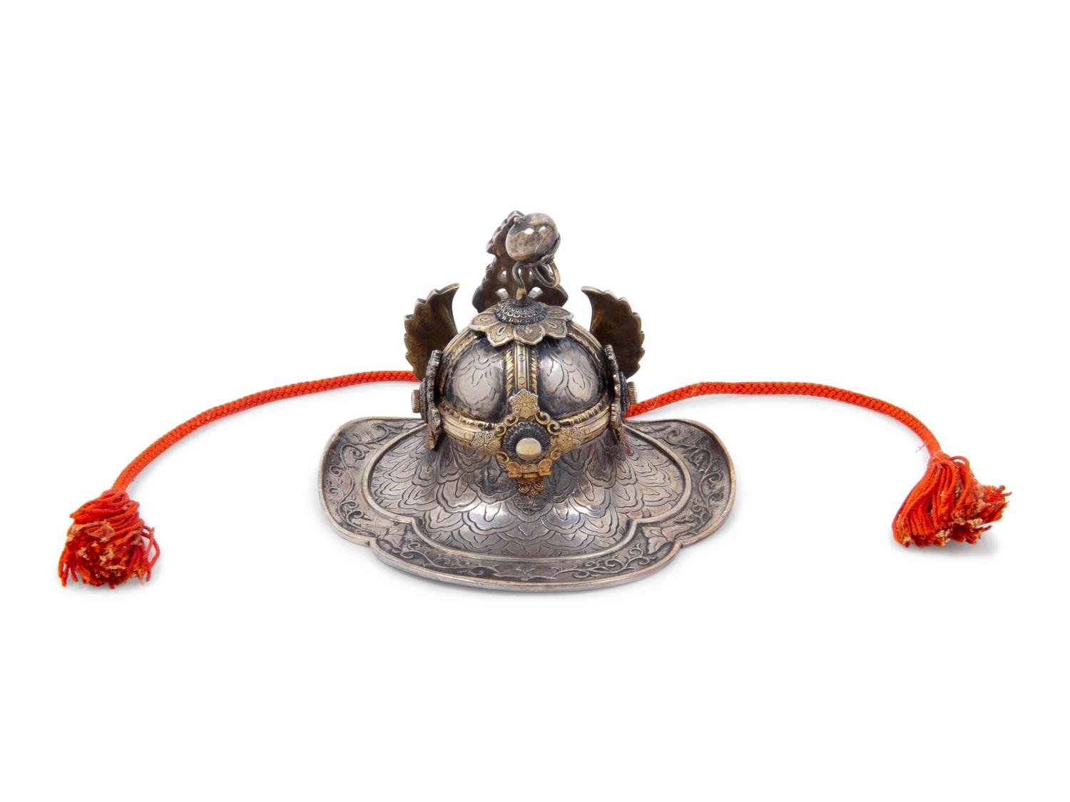 A Japanese Helmet Form Silver Inkwell