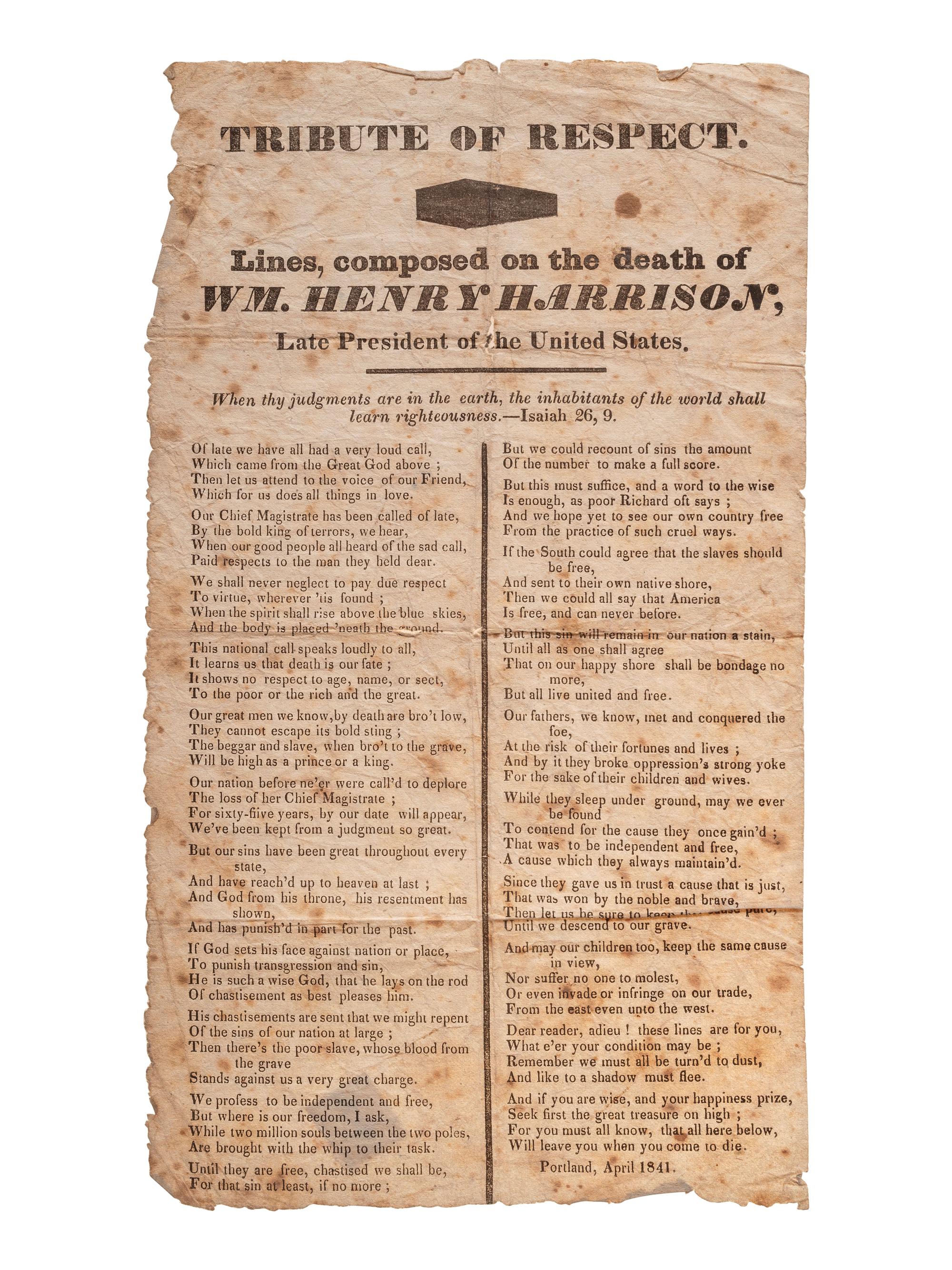 [HARRISON, William Henry]. A group of 3 broadsides related to the death and funeral of William Henry Harrison, comprising: