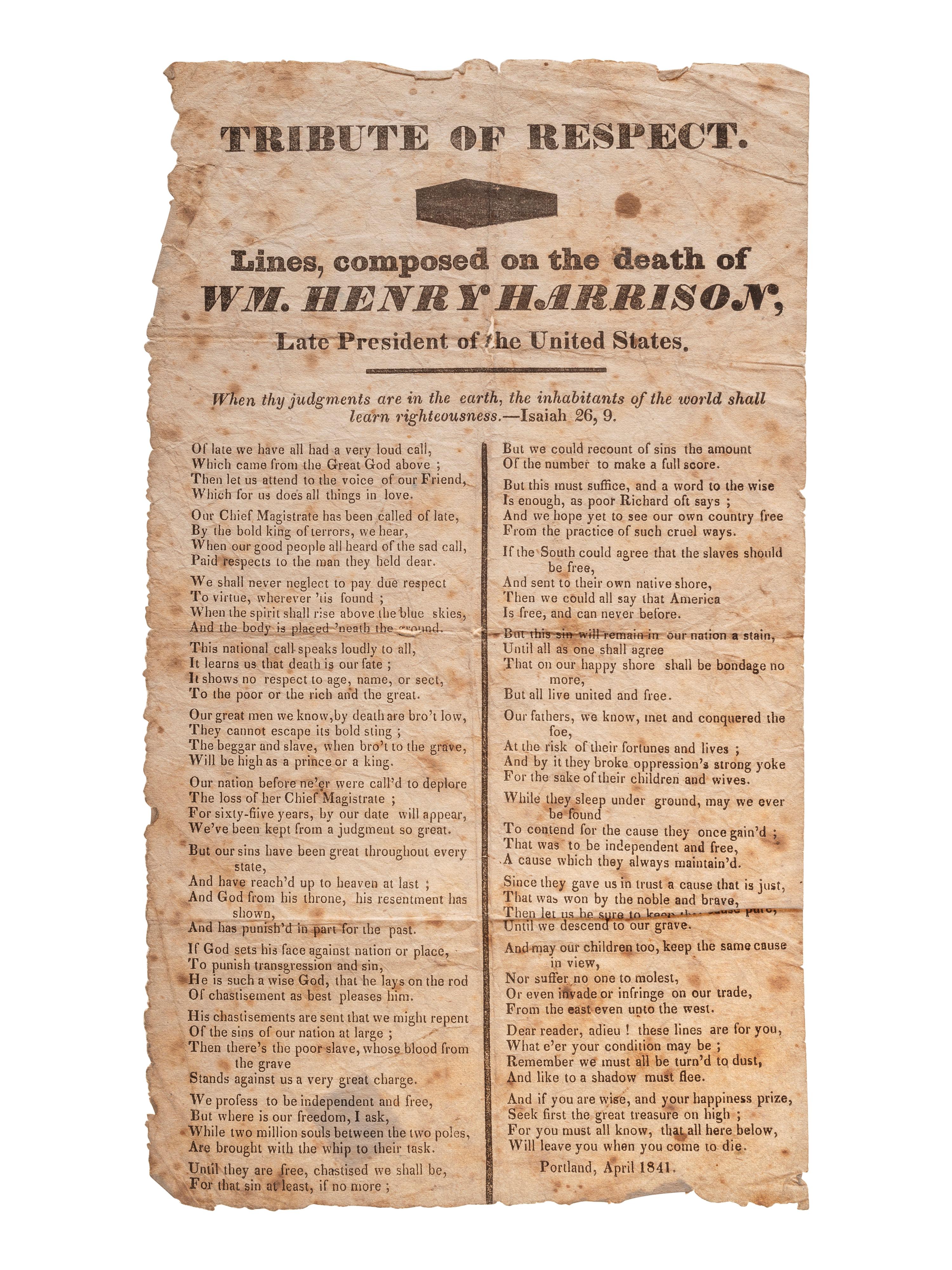 [HARRISON, William Henry]. A group of 3 broadsides related to the death and funeral of William Henry Harrison, comprising: