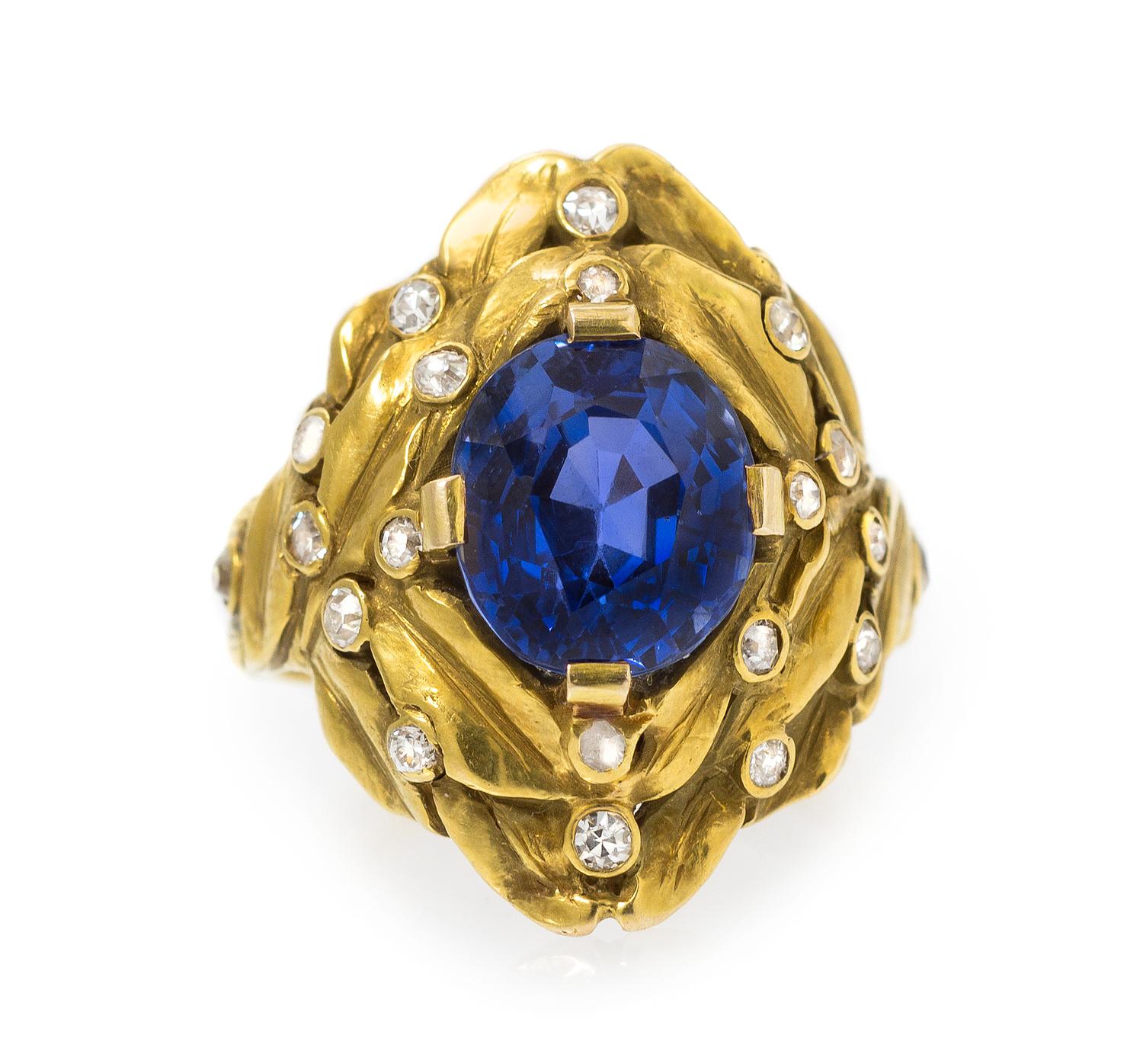 An Art Nouveau 18 Karat Yellow Gold, Sapphire and Diamond Ring, 6.60 dwts.
