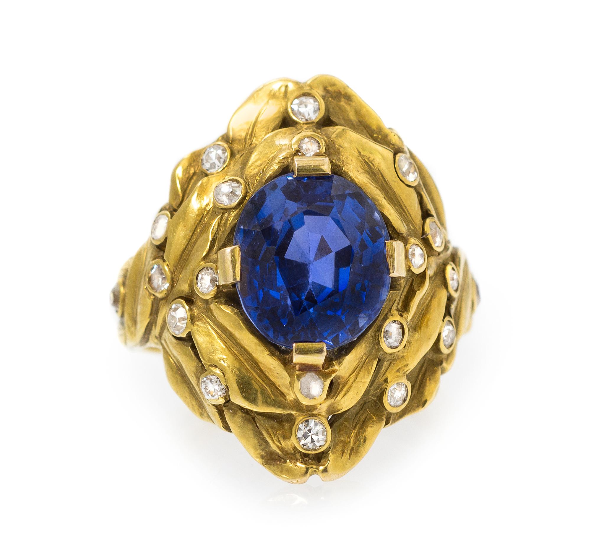 An Art Nouveau 18 Karat Yellow Gold, Sapphire and Diamond Ring, 6.60 dwts.