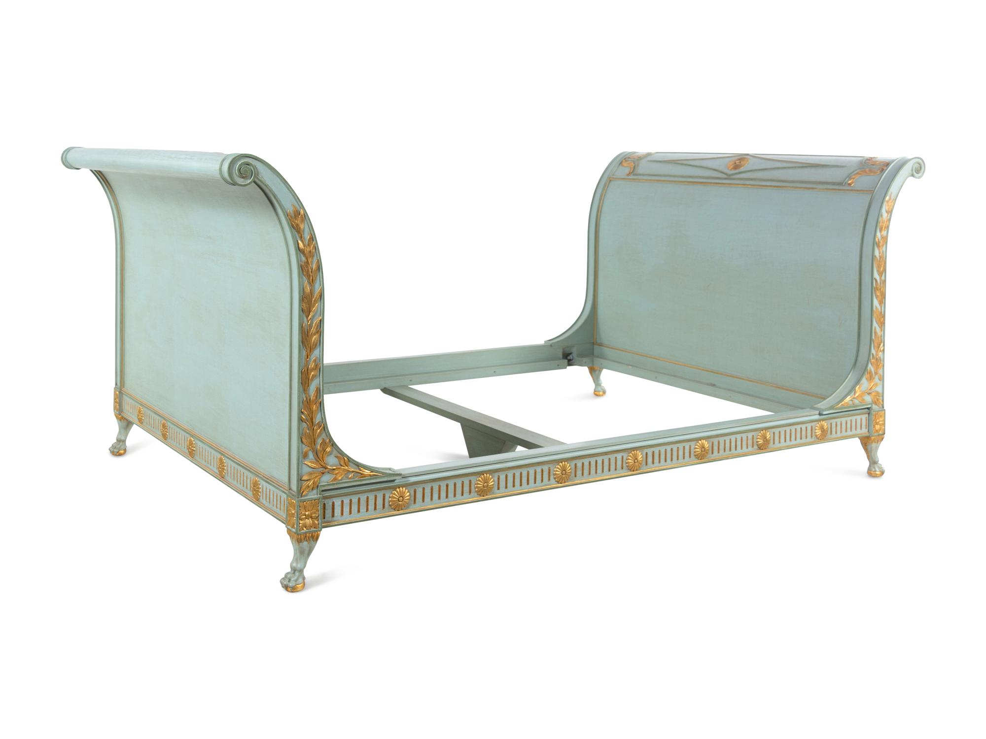 A Custom Directoire Style Blue-Painted and Parcel Gilt Double-Size Bed