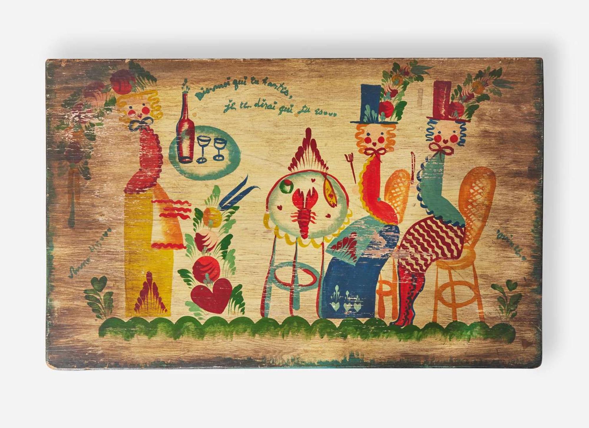 A painted and decorated shelf and storage chest, Peter Hunt (1896-1967), Cape Cod, MA, mid-20th century