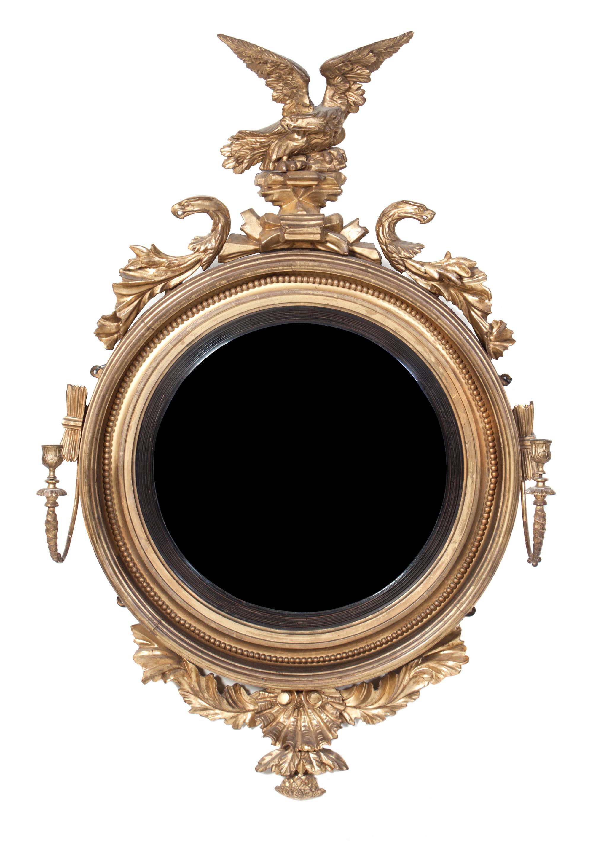 A Regency Giltwood Twin-Light Convex Mirror Height 45 x width 29 inches. — 19TH CENTURY