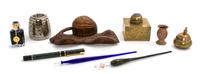 A Collection of Inkwells, Inkstands and Accessories, Width of first 11 1/2 inches.