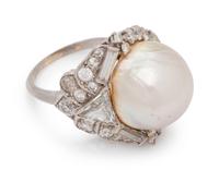A Platinum, White Gold, Cultured Pearl and Diamond Ring,