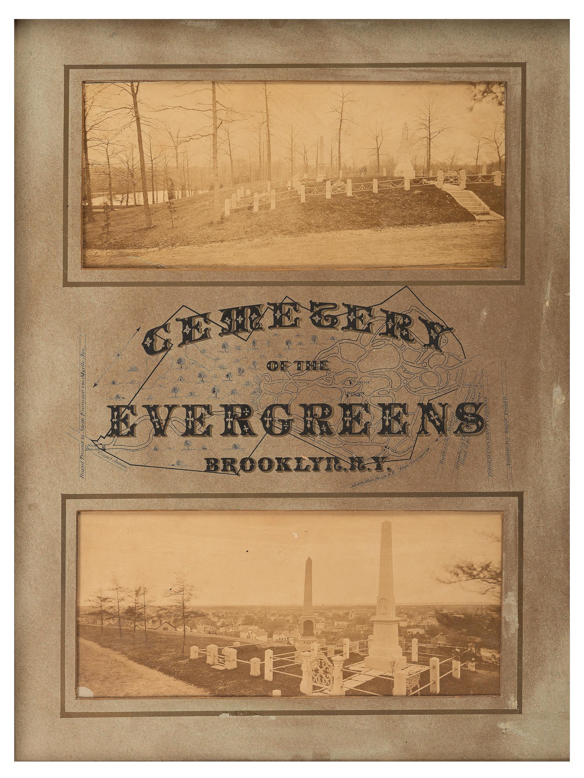 [EARLY PHOTOGRAPHY]. Cemetery of the Evergreens, Brooklyn, N.Y. Two oversize albumen photographs from the Cemetery. Brooklyn, NY, n.d.