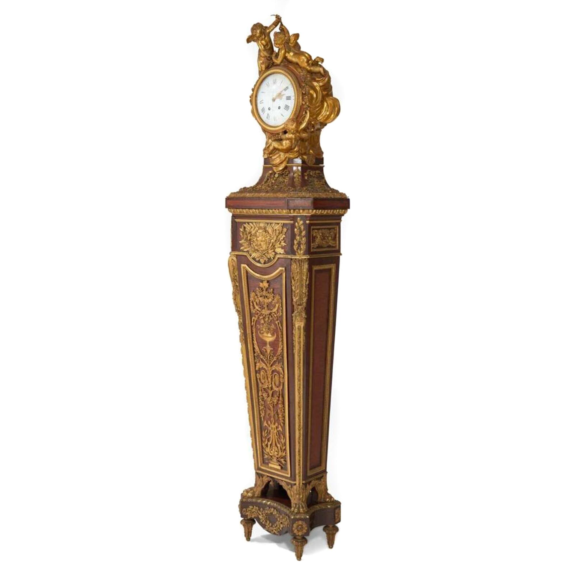 A Louis XVI Style Gilt Bronze Mounted Mahogany Pedestal Regulator Clock