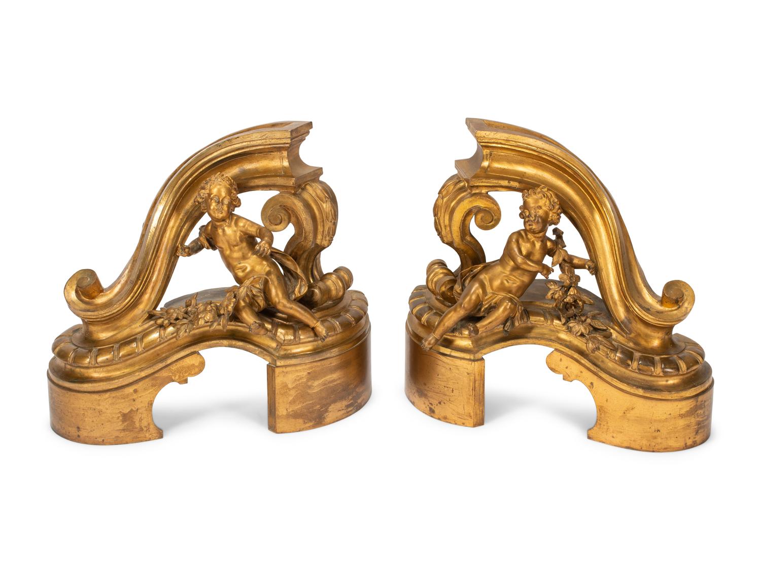 A Pair of Large Louis XV Style Gilt Bronze Figural Chenets