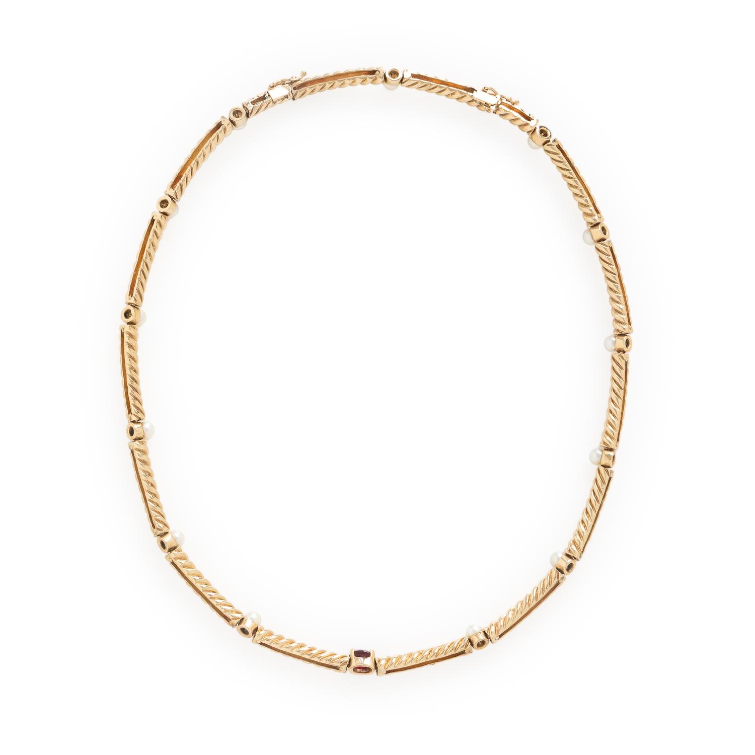 Ruby, Cultured Pearl, and Yellow Gold Necklace