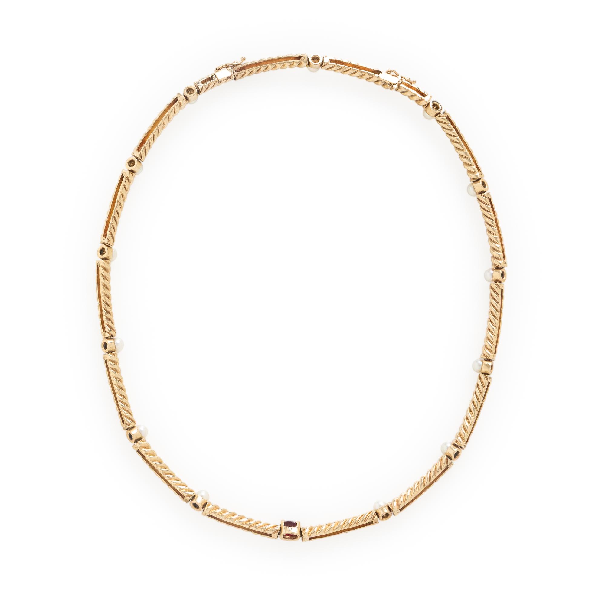 Ruby, Cultured Pearl, and Yellow Gold Necklace