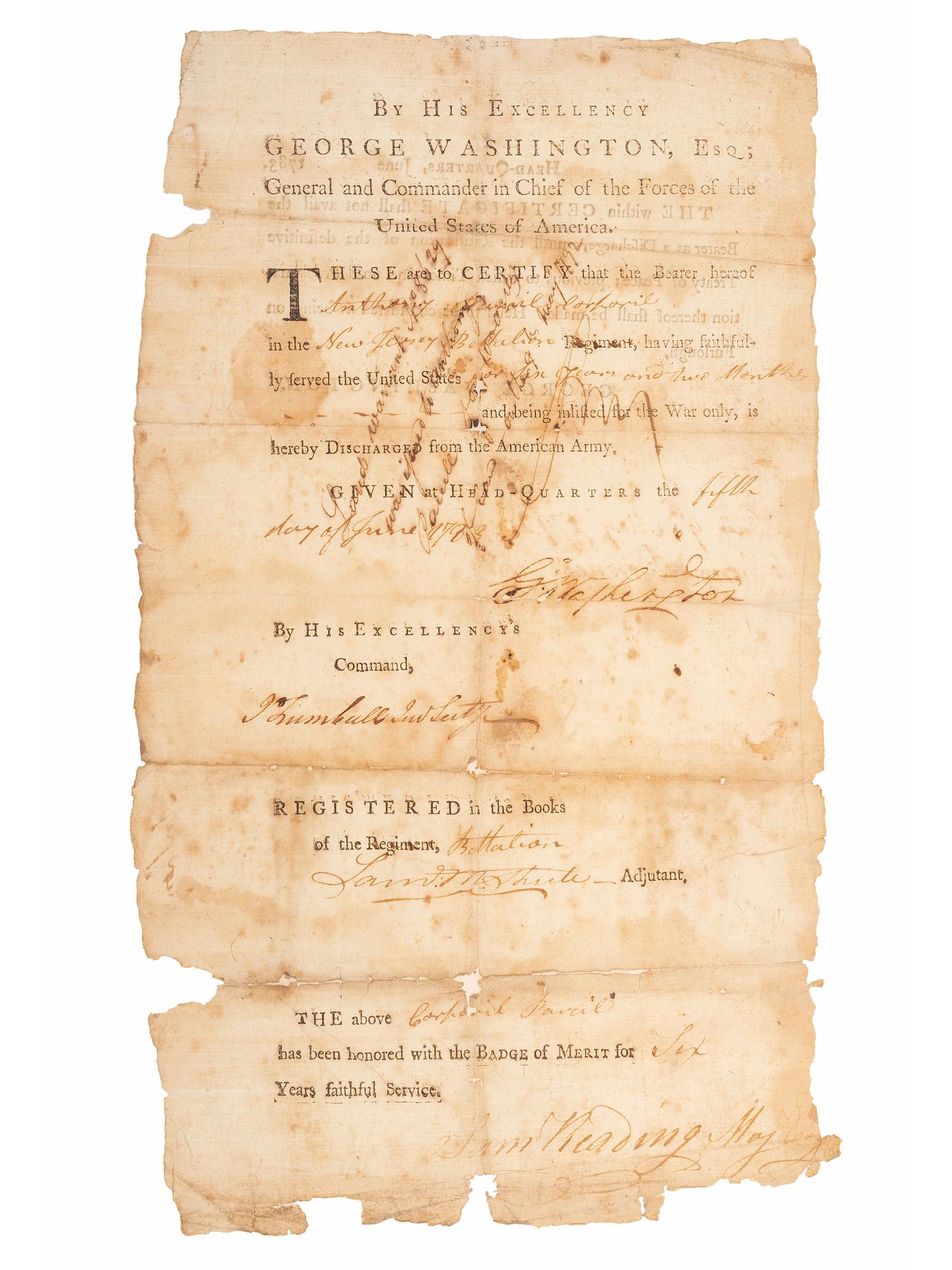 WASHINGTON, George (1732-1799). Partly printed document accomplished in manuscript in a secretarial hand signed ("G:Washington"), as Commander-in-Chief of the Continental Army, countersigned by Jonathan Trumbull Jr., 5 June 1783.