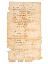 WASHINGTON, George (1732-1799). Partly printed document accomplished in manuscript in a secretarial hand signed ("G:Washington"), as Commander-in-Chief of the Continental Army, countersigned by Jonathan Trumbull Jr., 5 June 1783.