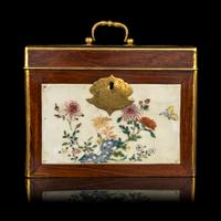 A Chinese Export Famille Rose Porcelain Inset Huali Wood Tea Caddy