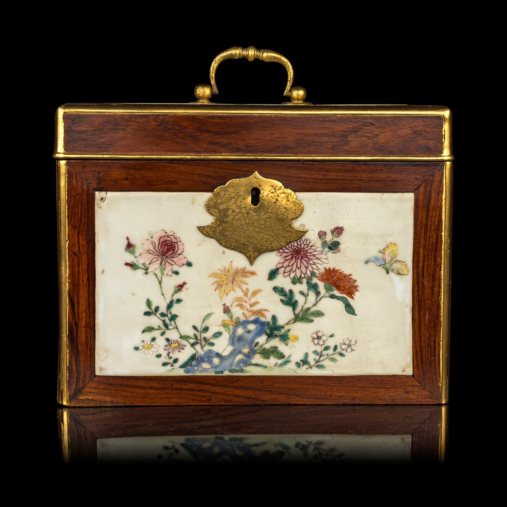 A Chinese Export Famille Rose Porcelain Inset Huali Wood Tea Caddy