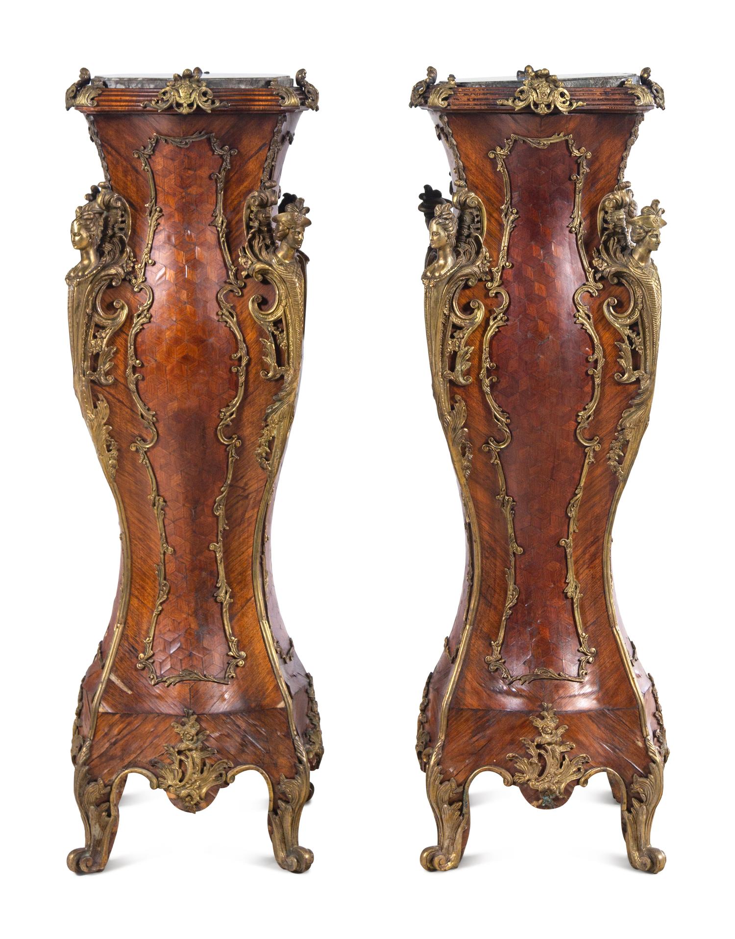 A Pair of Louis XV Style Gilt Bronze Mounted Parquetry Marble-Top Pedestals