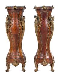 A Pair of Louis XV Style Gilt Bronze Mounted Parquetry Marble-Top Pedestals